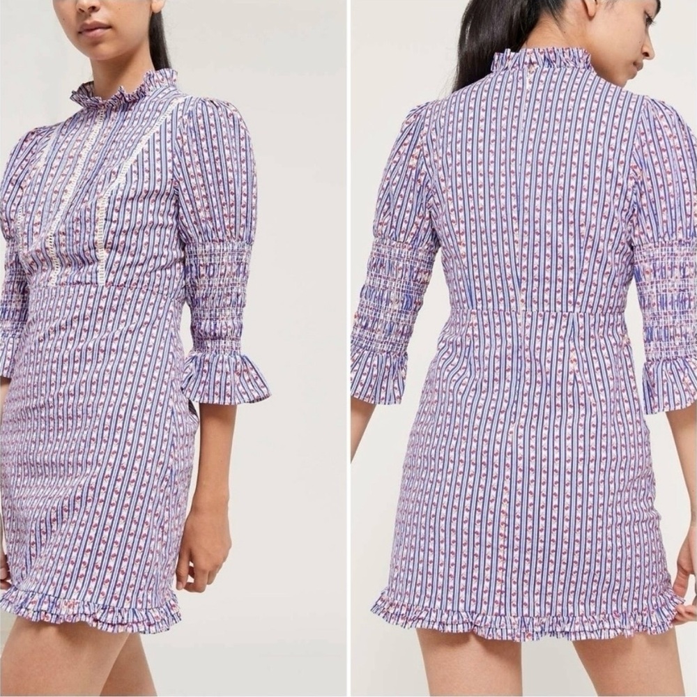 Laura Ashley x Urban Outfitters Floral Mock Neck Smocked Ruffle Mini Dress Sz XS - Picture 14 of 16